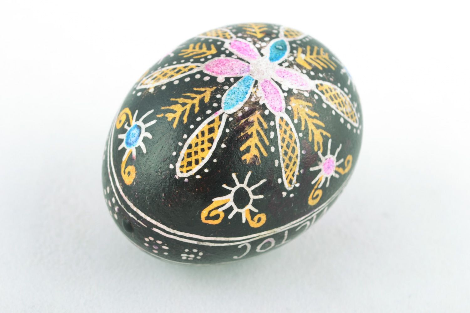 Handmade black Easter egg with flowers painted with hot wax and aniline dyes photo 4