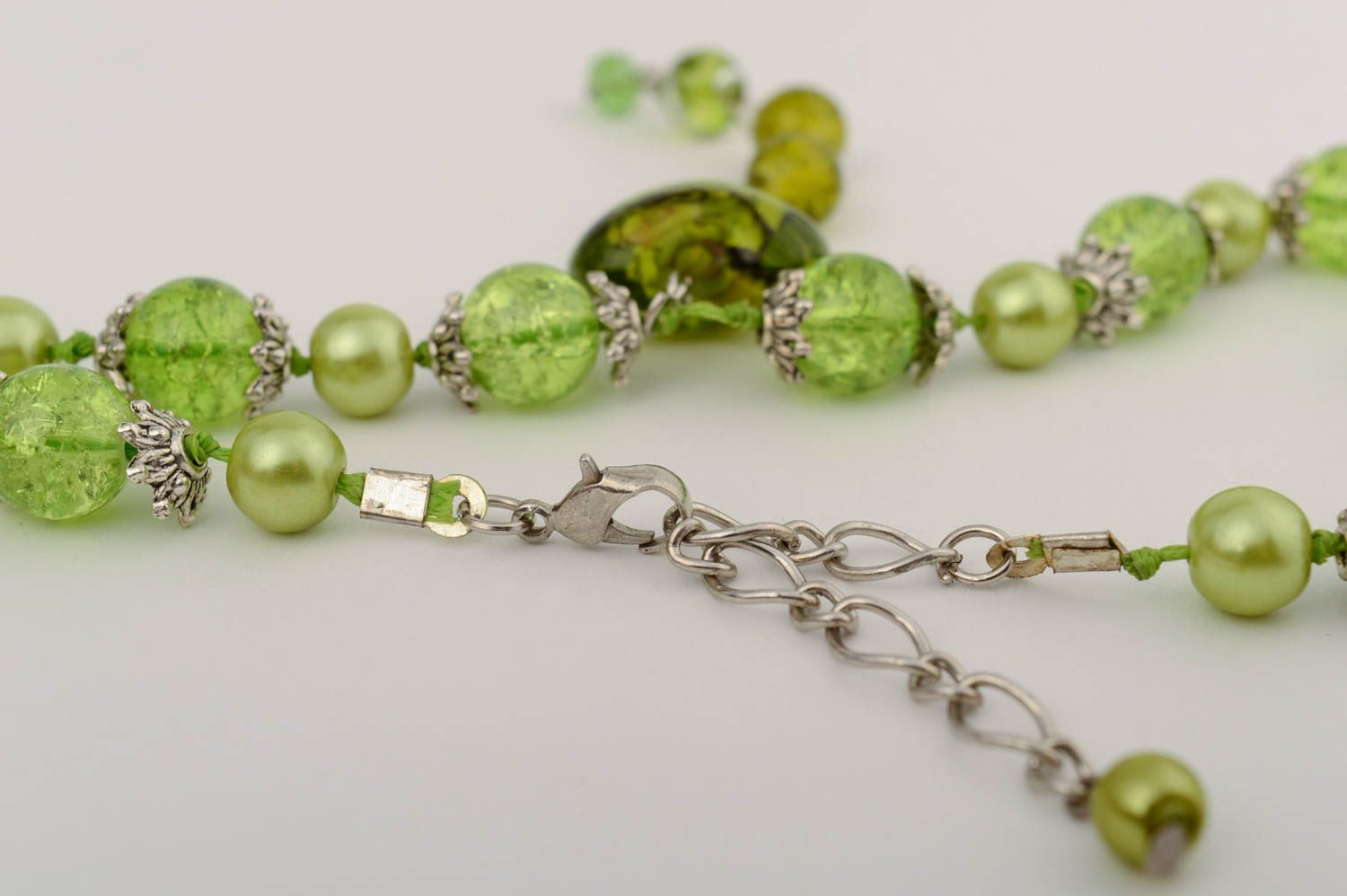 Handmade designer long necklace with green glass beads and ceramic pearls  photo 5