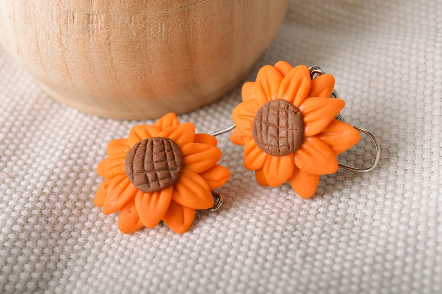 Handmade bright designer dangle earrings with orange cold porcelain flowers photo 1