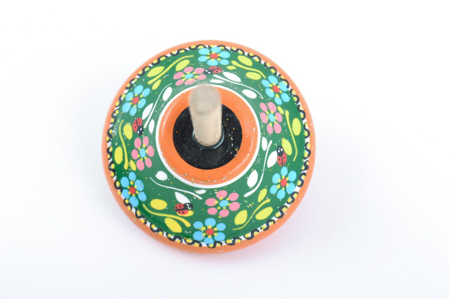 Beautiful bright painted handmade wooden toy spin top photo 4