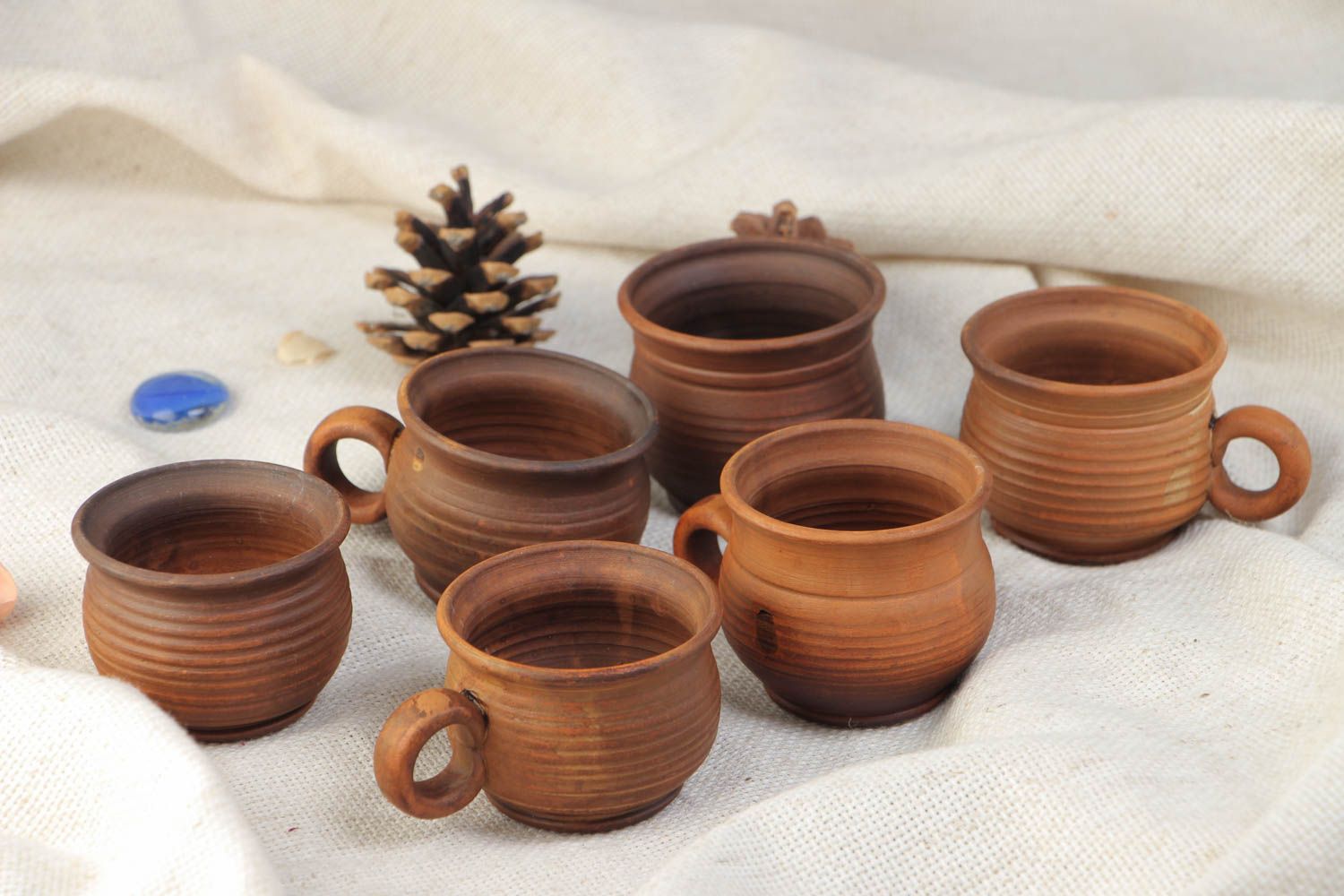 6 six clay coffee 2 oz cups in ancient style with handle and no pattern photo 1