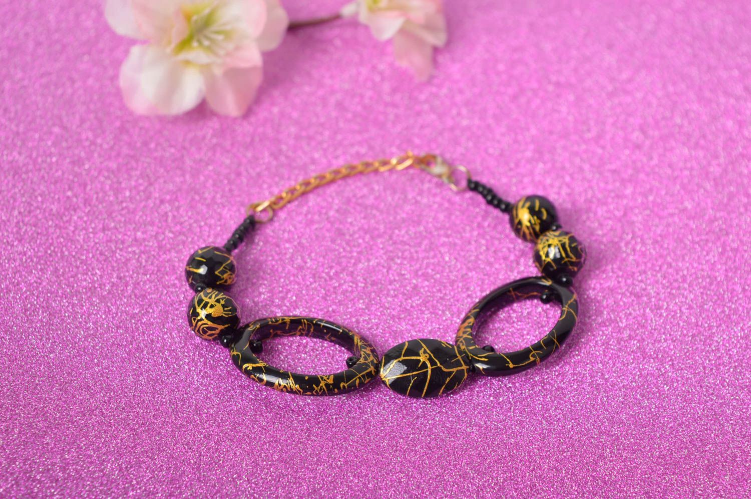 Handmade elegant black and gold color adjustable bracelet for women photo 1