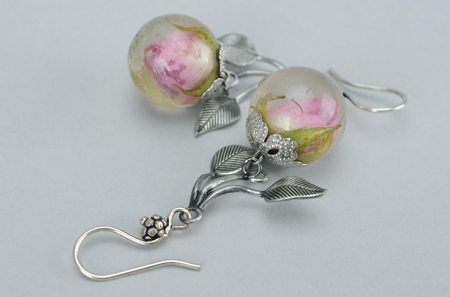 Silver earrings with buds of tea roses photo 3