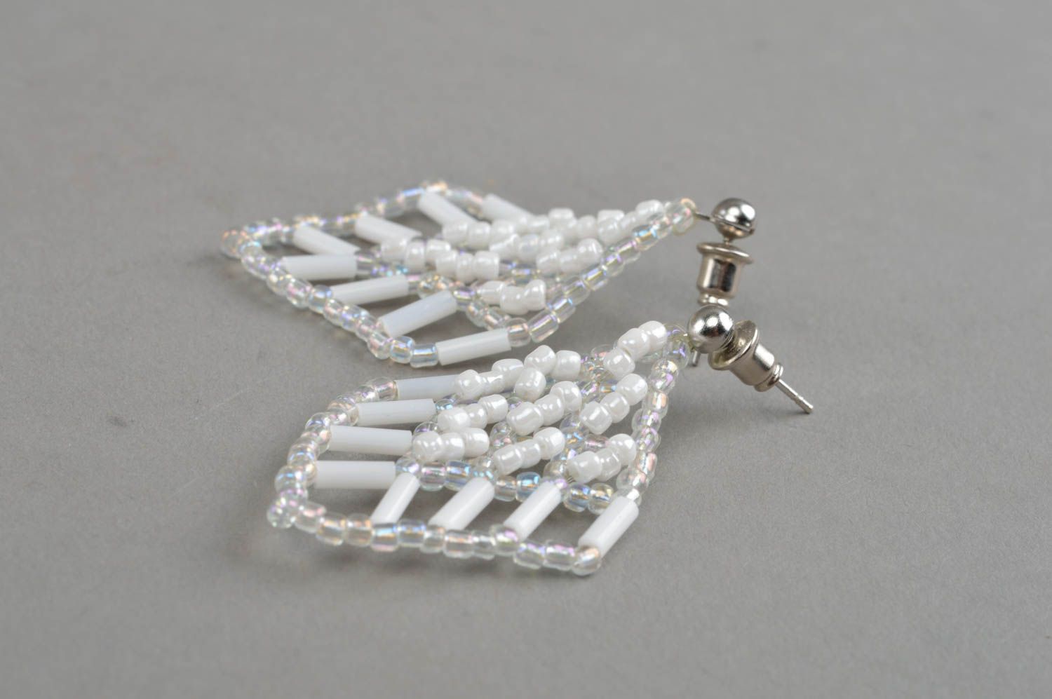 Beautiful white handmade beaded earrings woven earrings with beads gift ideas  photo 3