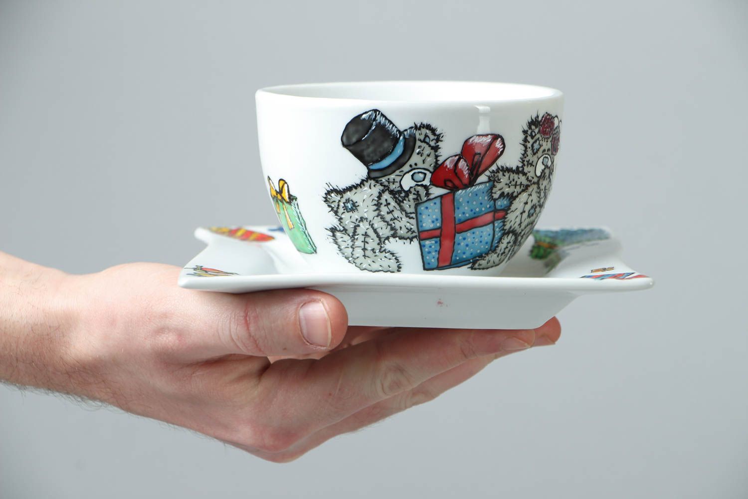 Handmade porcelain drinking cup with handle and teddy bears' pattern and square saucer photo 4