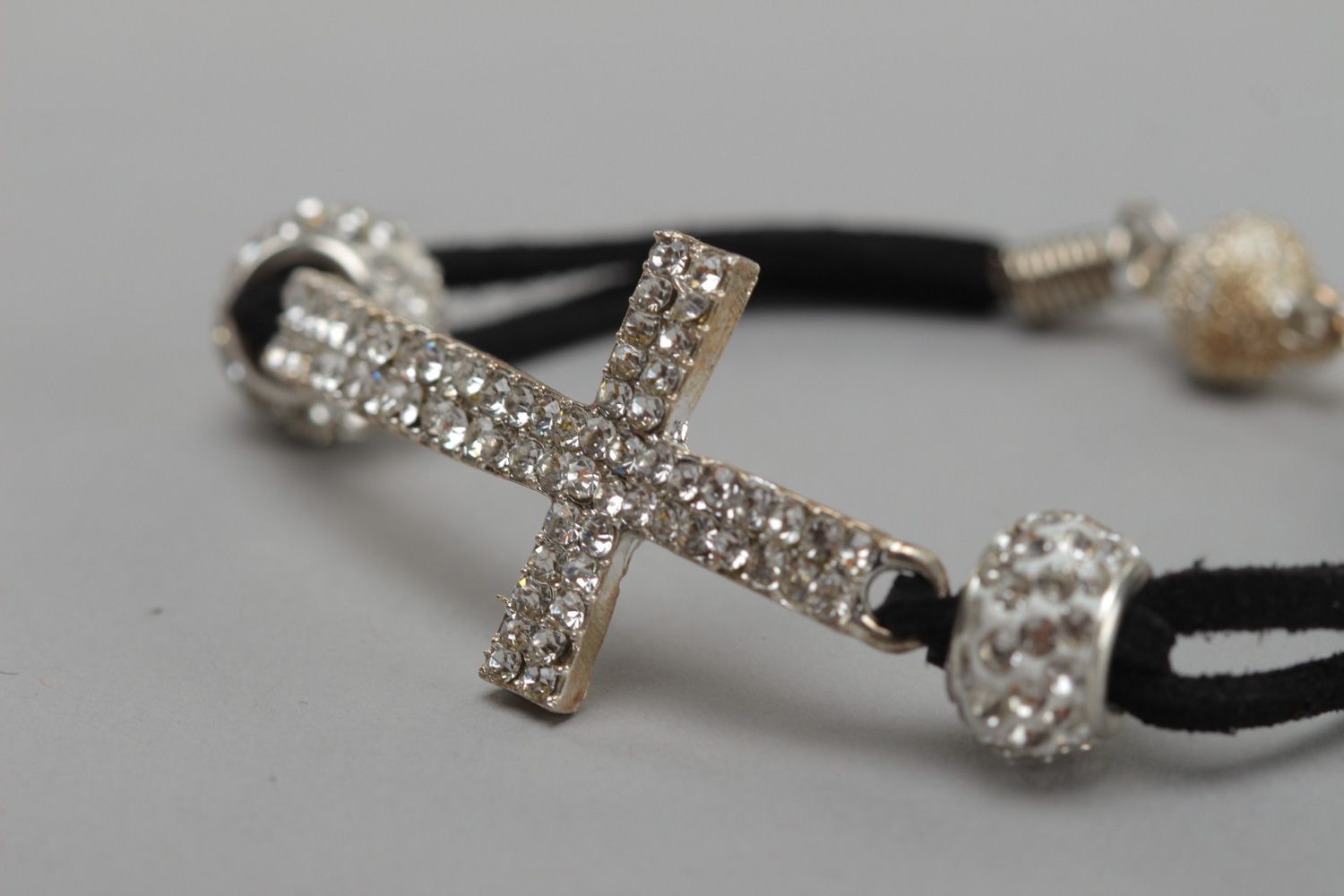 Black handmade artificial suede wrist bracelet with cross charm and strasses for girls photo 3