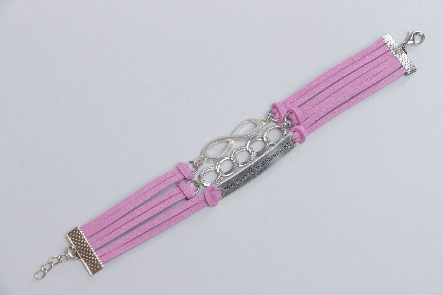 Handmade designer pink artificial suede cord bracelet with charms photo 3