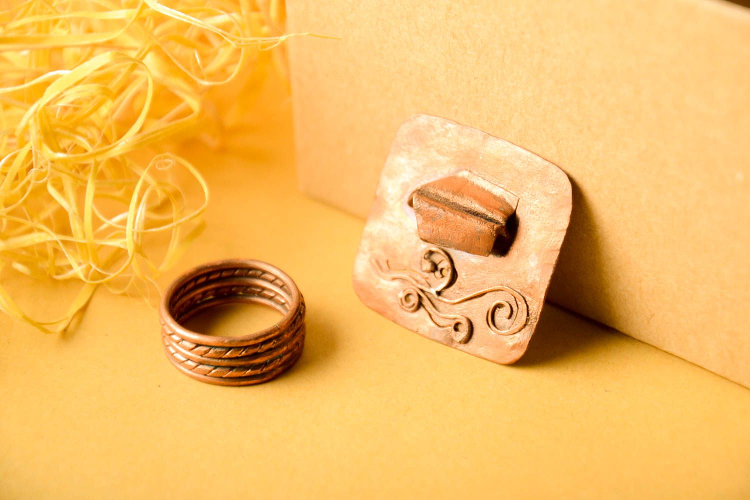 Медная брошь ручной работы красивое кольцо набор необычные украшения медные фото 1
