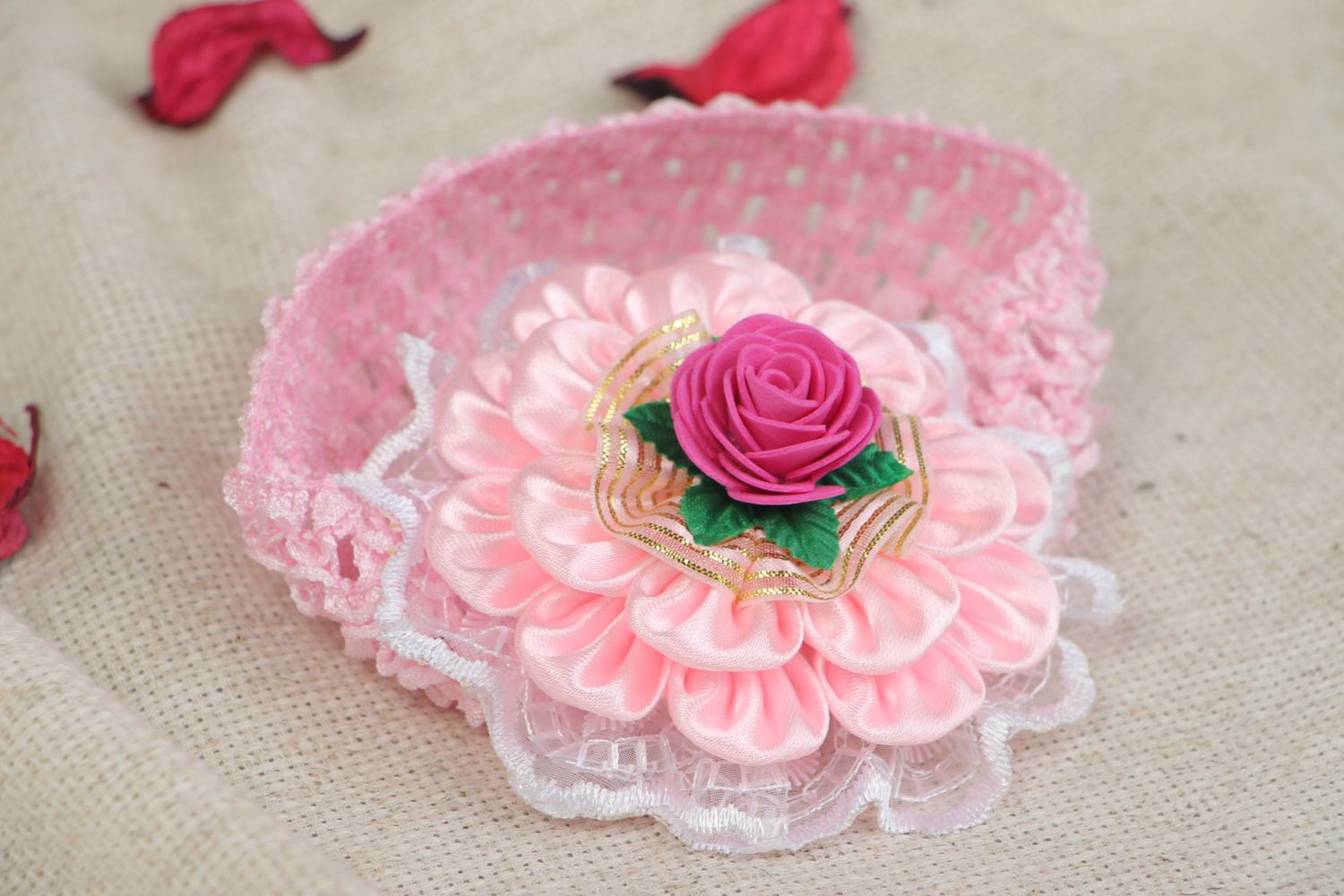 Stylish handmade babies headband with satin ribbons and lace in pink color palette photo 5
