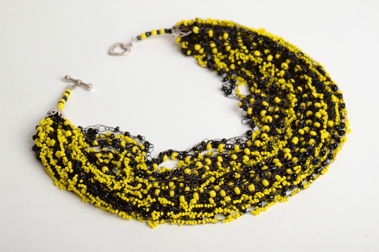 Handmade designer black and yellow multi row necklace crocheted of beads  photo 3
