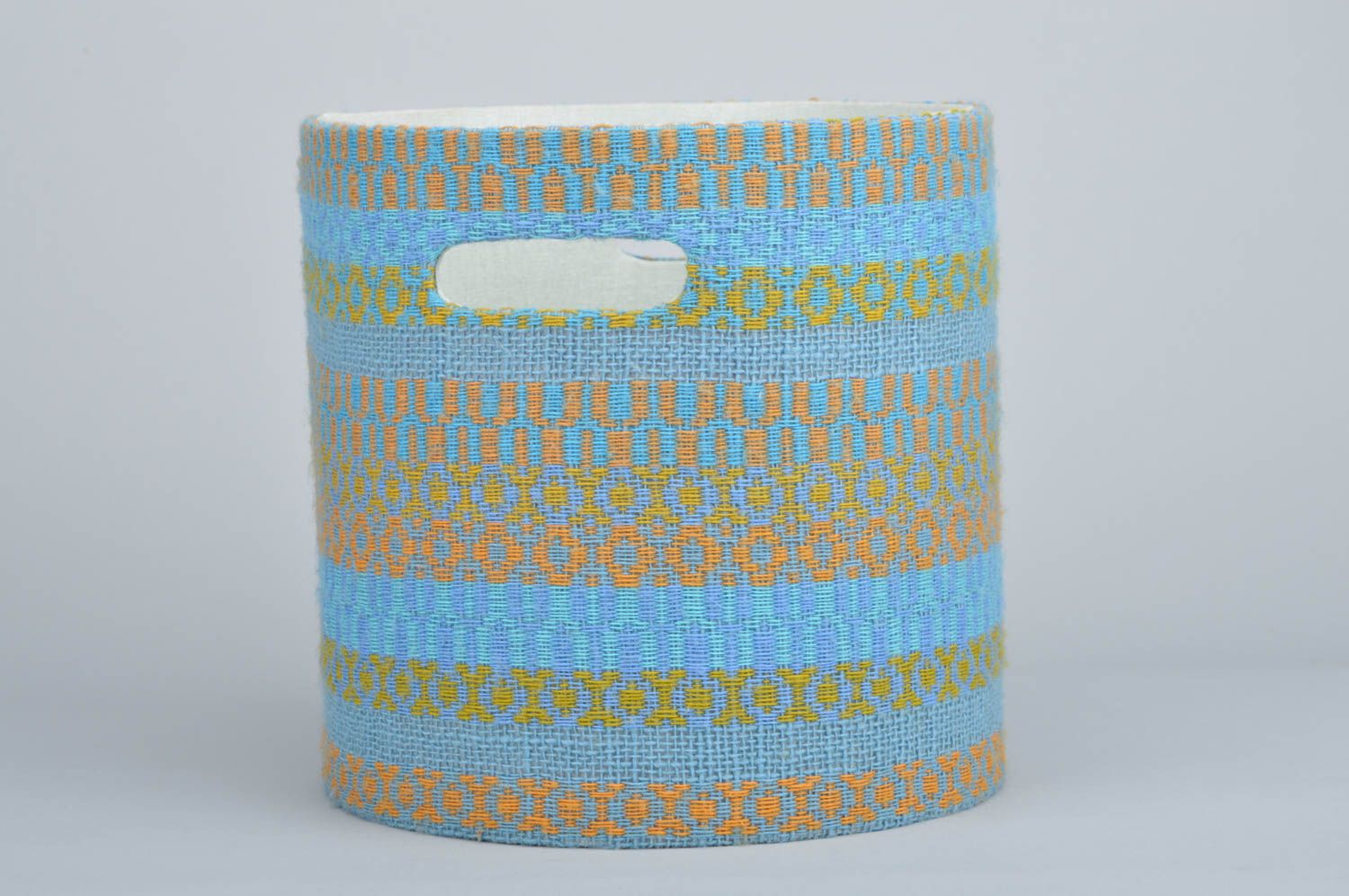 Corbeille de rangement en tissus jute lin carton bleue à motif faite main photo 2
