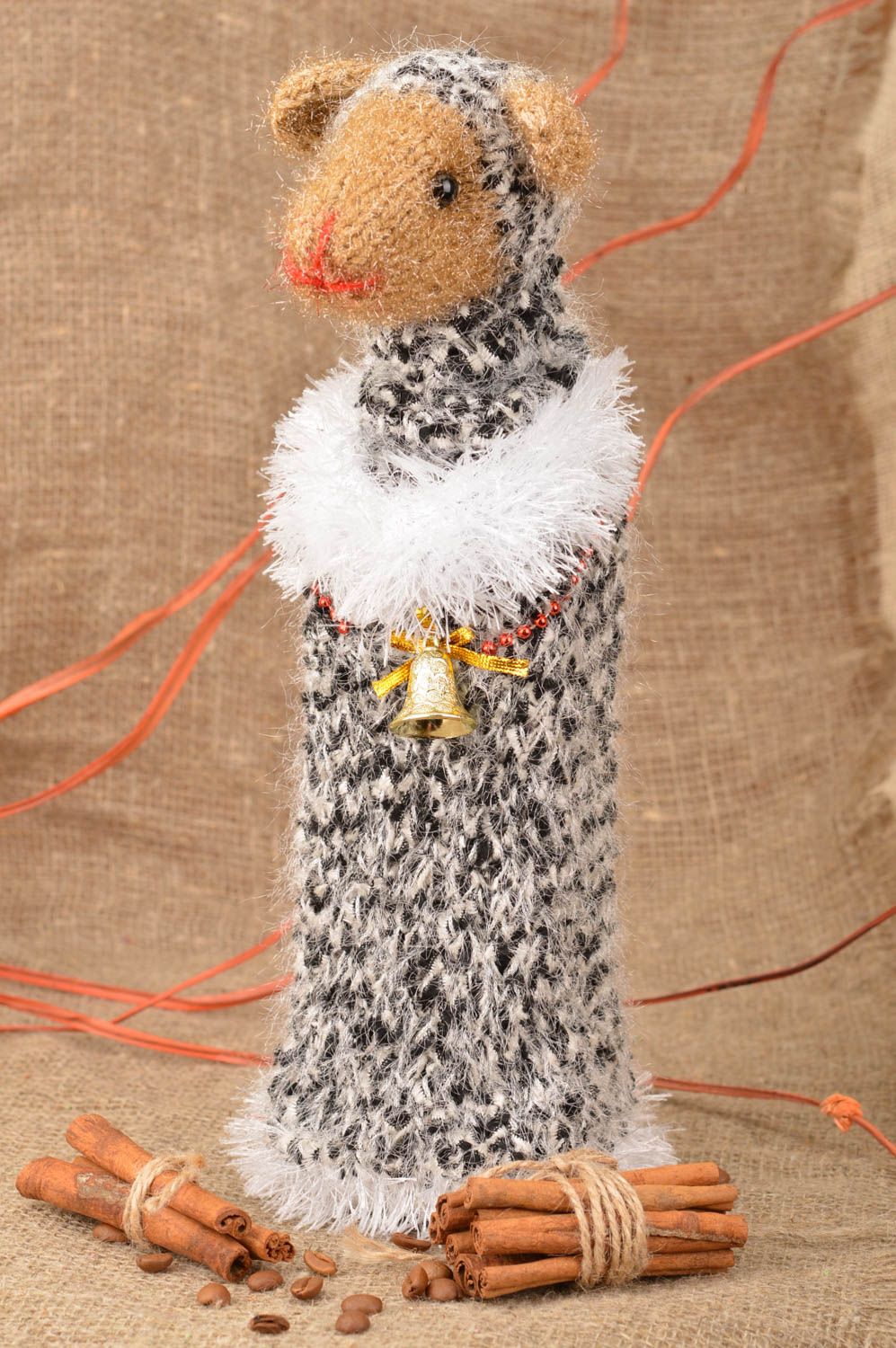 Handmade interior decorative bottle cozy crocheted of acrylic threads cover Lamb photo 1