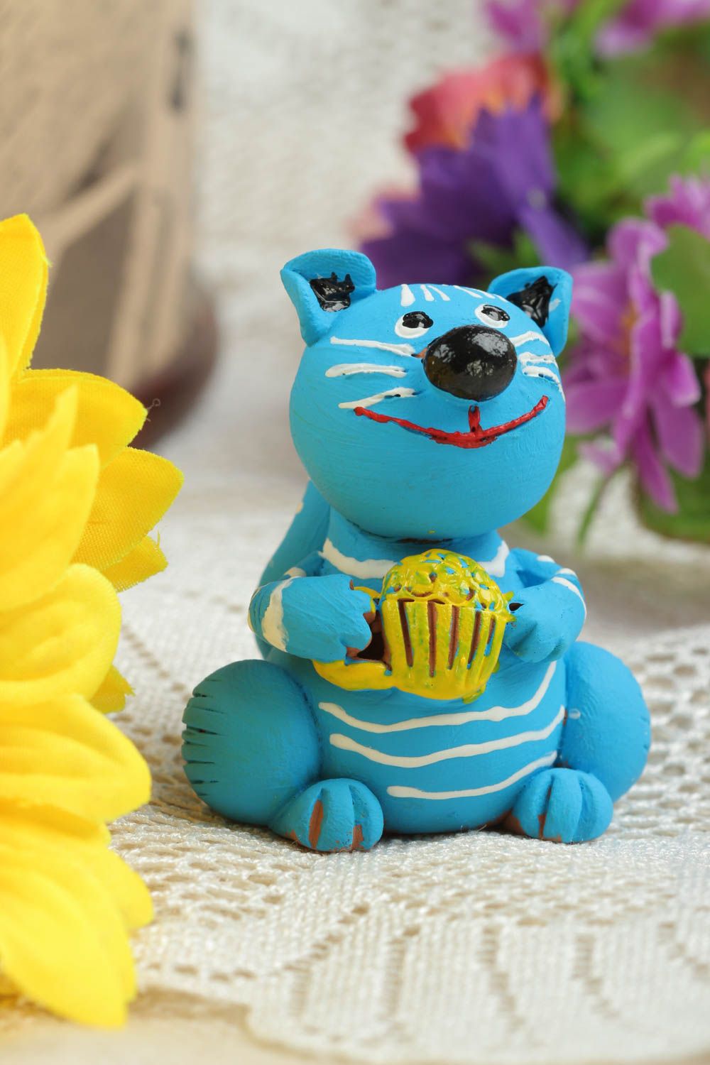 Статуэтка животного кота ручной работы статуэтка для декора фигурка из глины фото 1