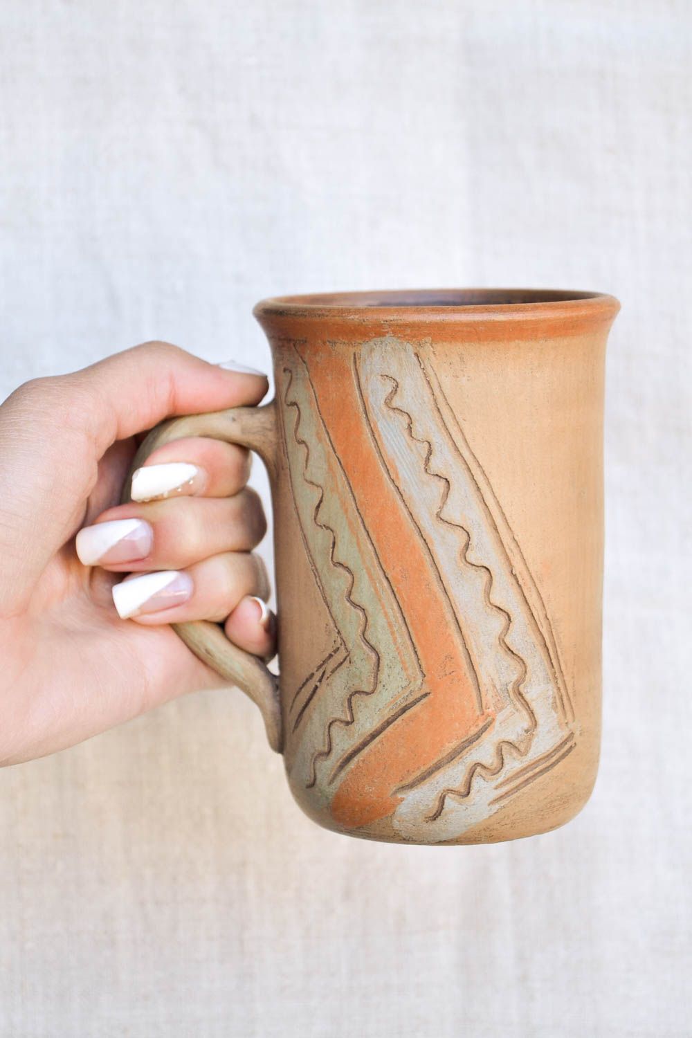 XL 12 oz clay tall teacup in olive, brown color and handle photo 2