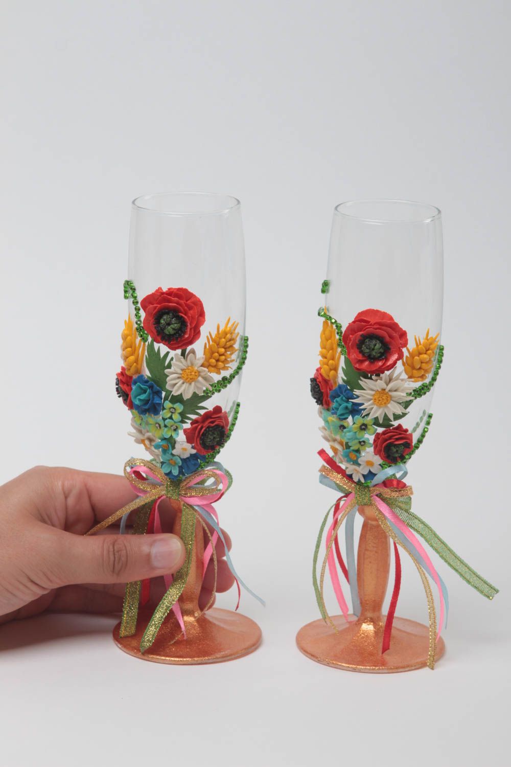 Handmade decorated wine glasses wedding or interior champagne glasses clay decor photo 5