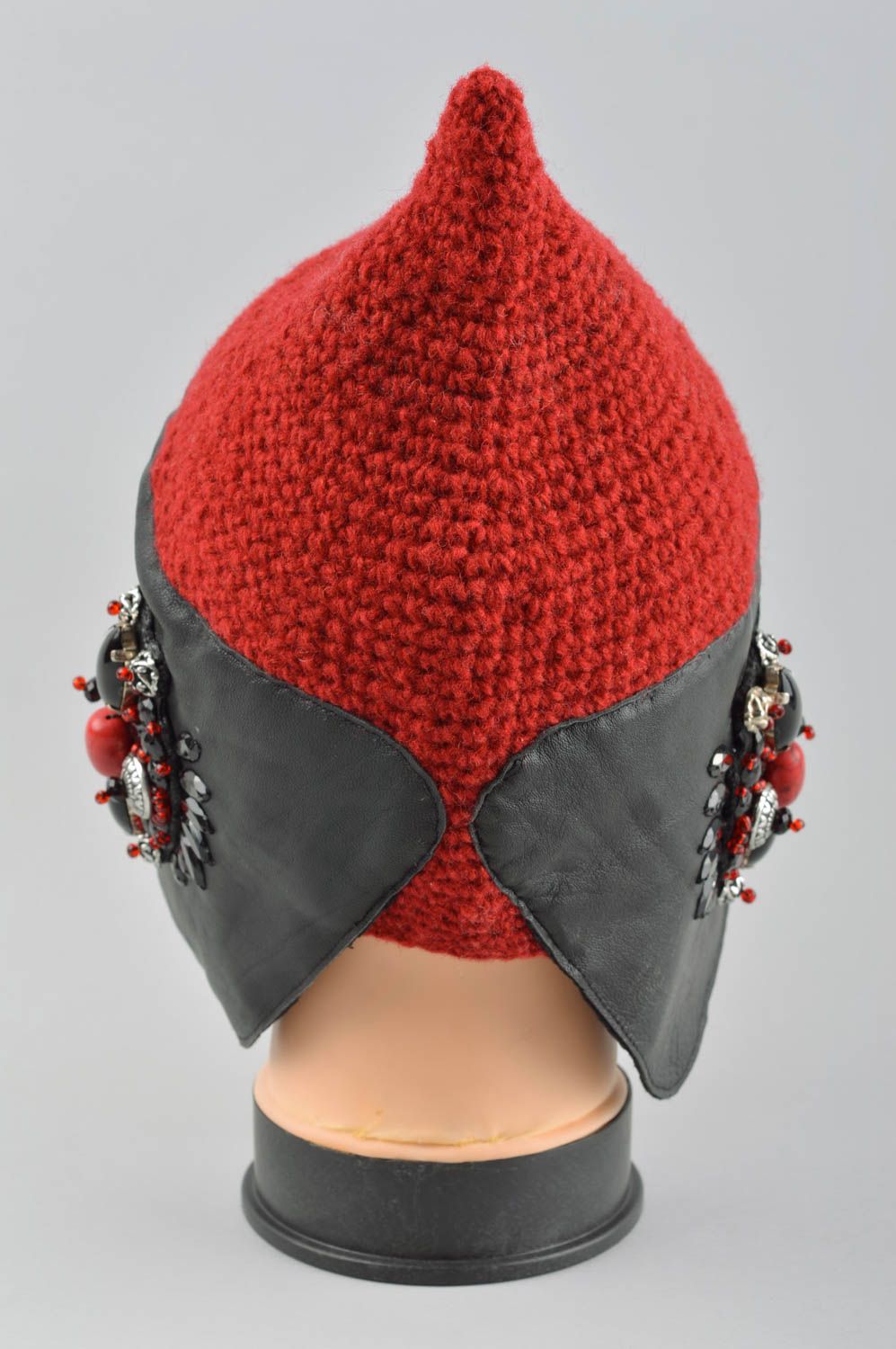 Handmade winter warm cap unusual designer cap female hat with leather photo 4