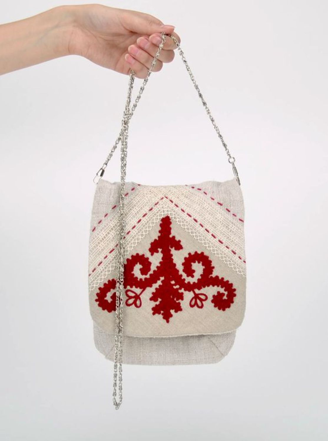 Handgemachte ethnische Schultertasche aus Leinen mit Ornament foto 2