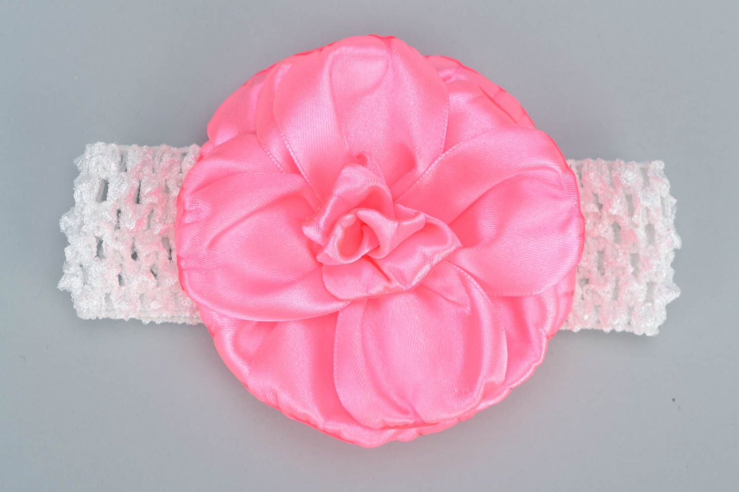 Children's handmade elastic headband with large satin flower photo 3