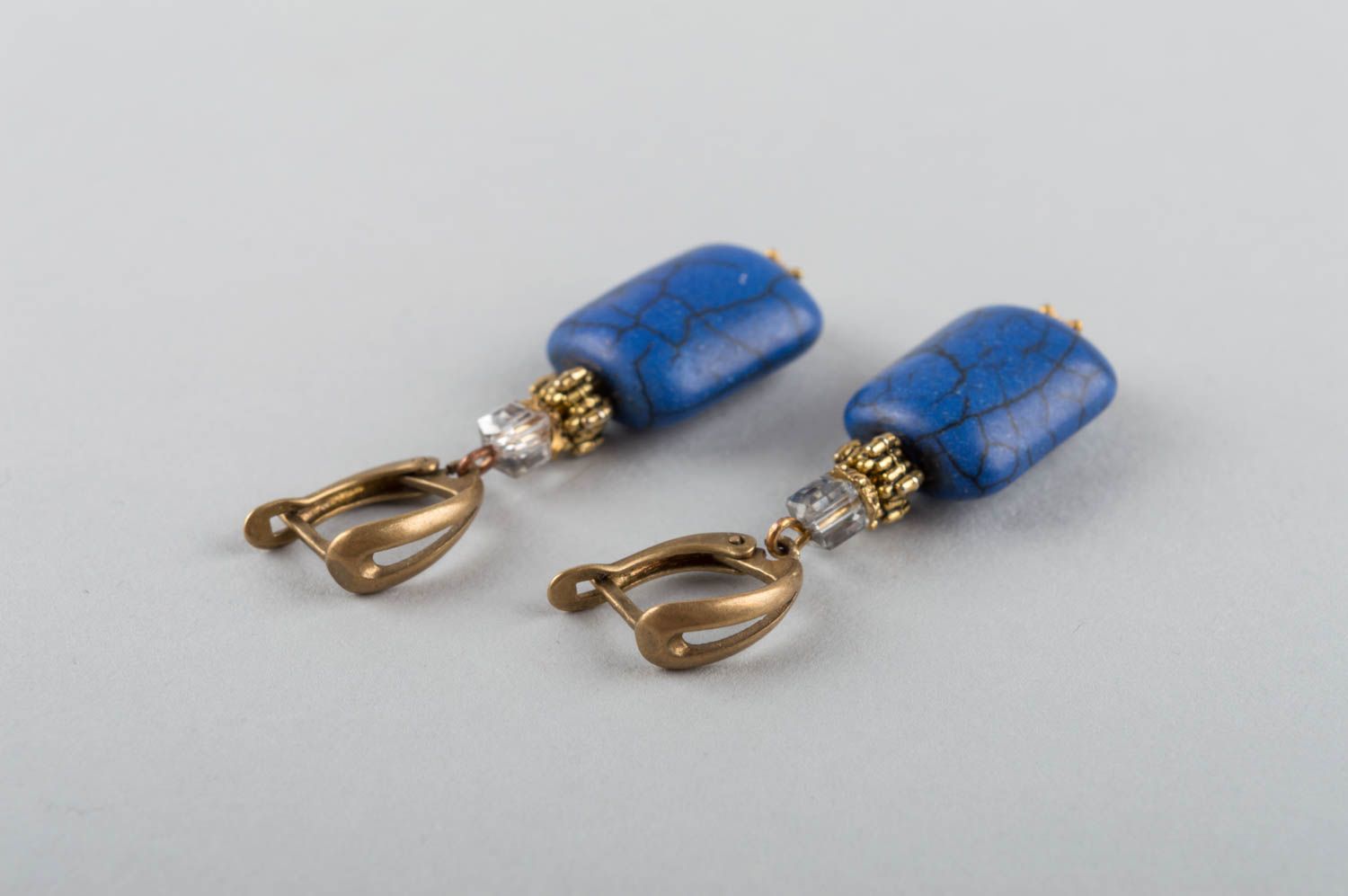Designer beautiful evening blue handmade earrings made of howlite and brass photo 4