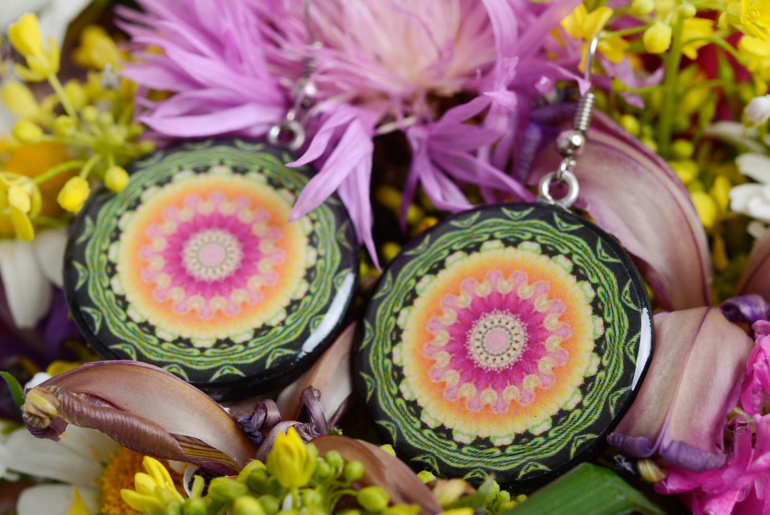 Handmade colorful patterned polymer clay round dangling earrings with decoupage  photo 1