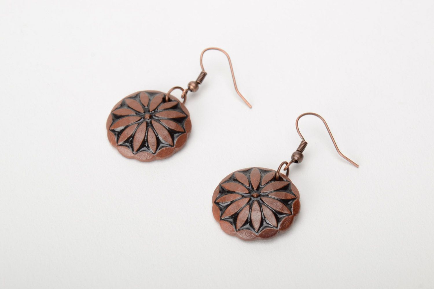 Handmade round ceramic dangle earrings molded of brown clay in ethnic style  photo 5