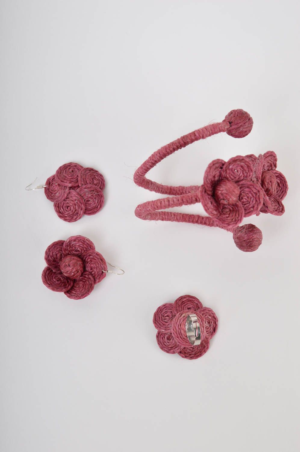 Parure de Bijoux fleurs roses fait main Bracelet boucles d'oreilles bague photo 4