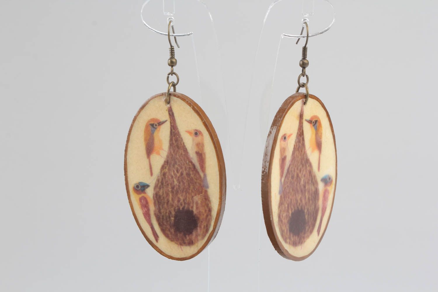 Gehänge Ohrringe aus Holz Vögel foto 4
