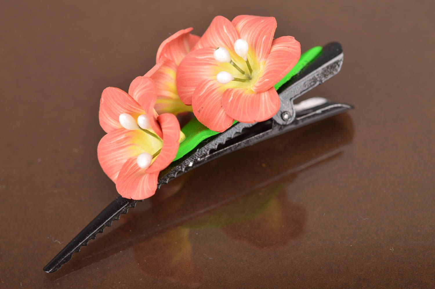 Handmade stylish designer hair clip made of polymer clay clip with flowers photo 2