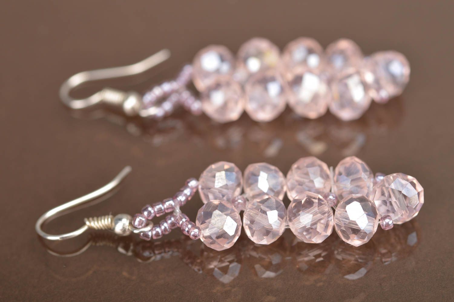 Handmade long pink tender stylish beautiful earrings made of Czech beads photo 5