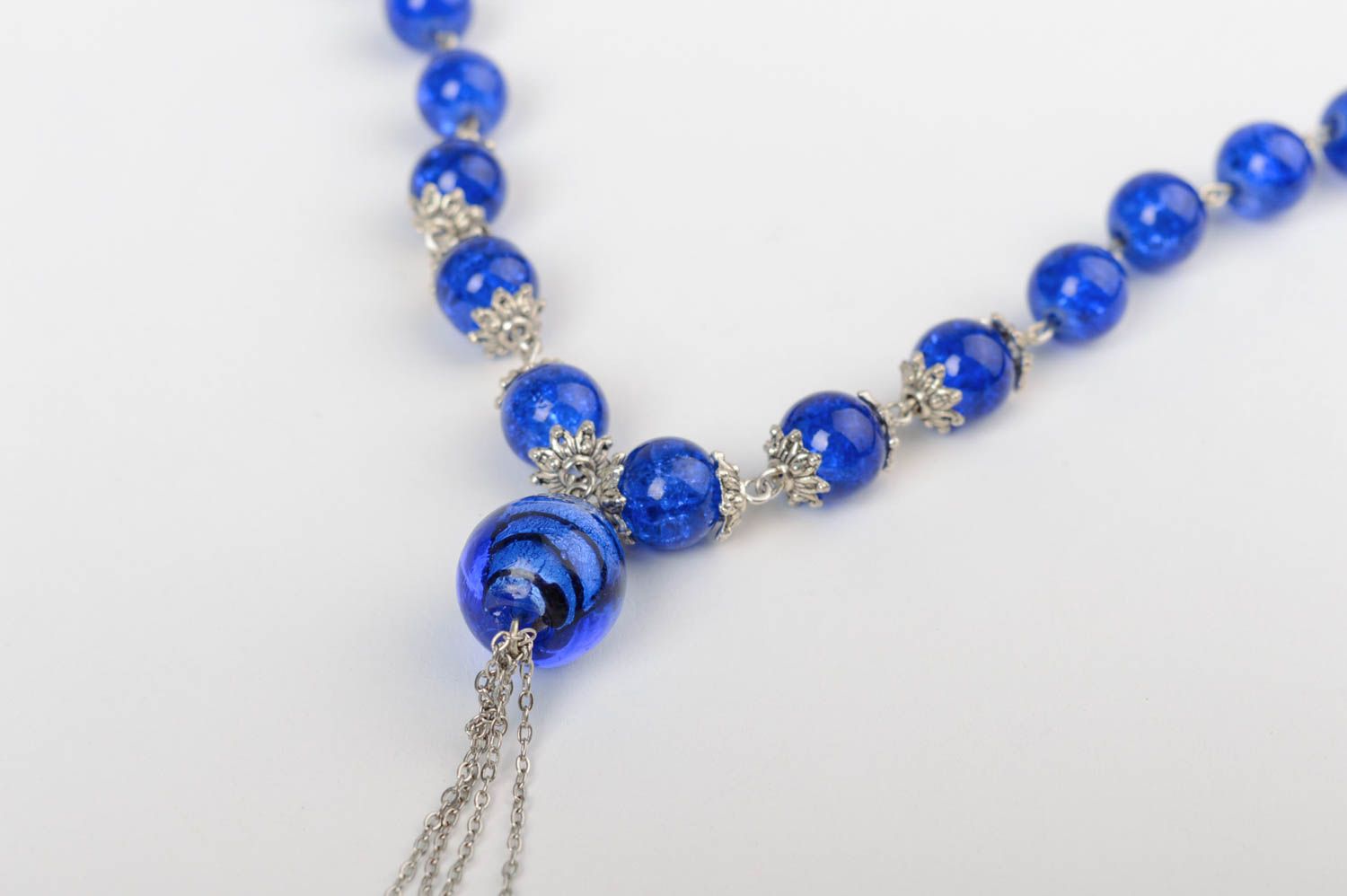 Handmade deep blue designer necklace with glass beads on satin ribbon photo 2