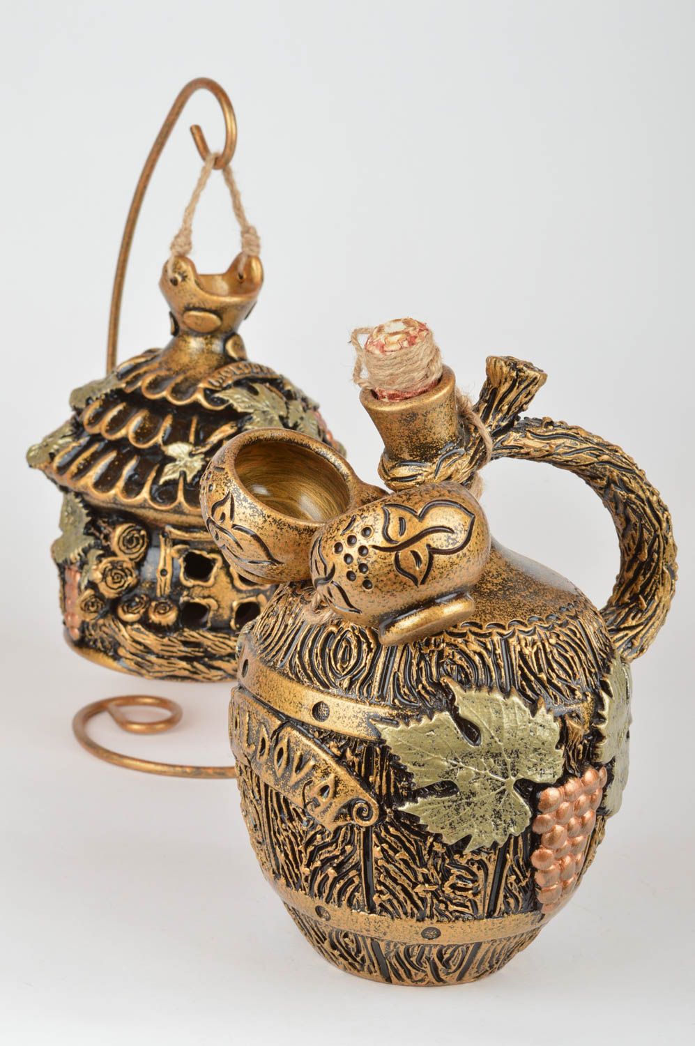 Cruche à vin et porte-bougie en terre cuite faits main céramique décorative photo 5