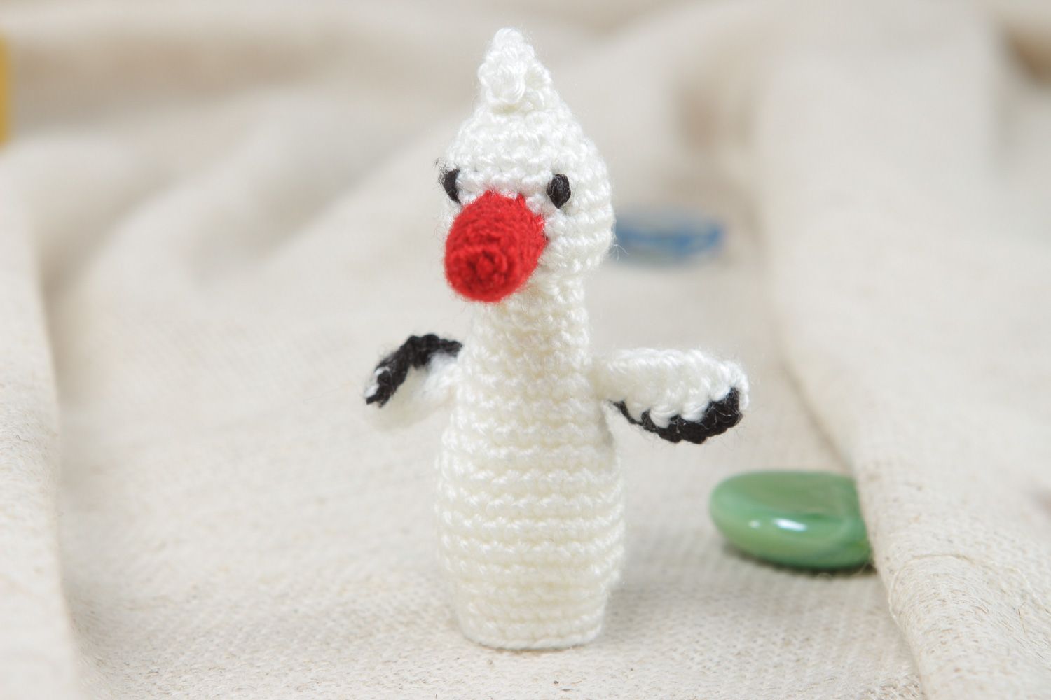 Handmade finger puppet crocheted of acrylic threads white stork for home theater photo 4