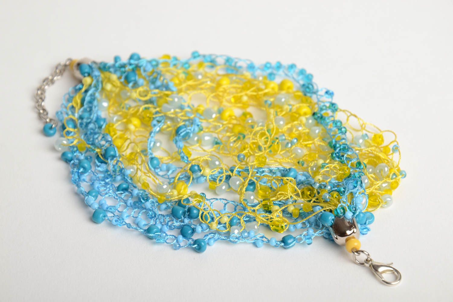 Airy women's wrist bracelet woven of yellow and blue Czech seed beads photo 5