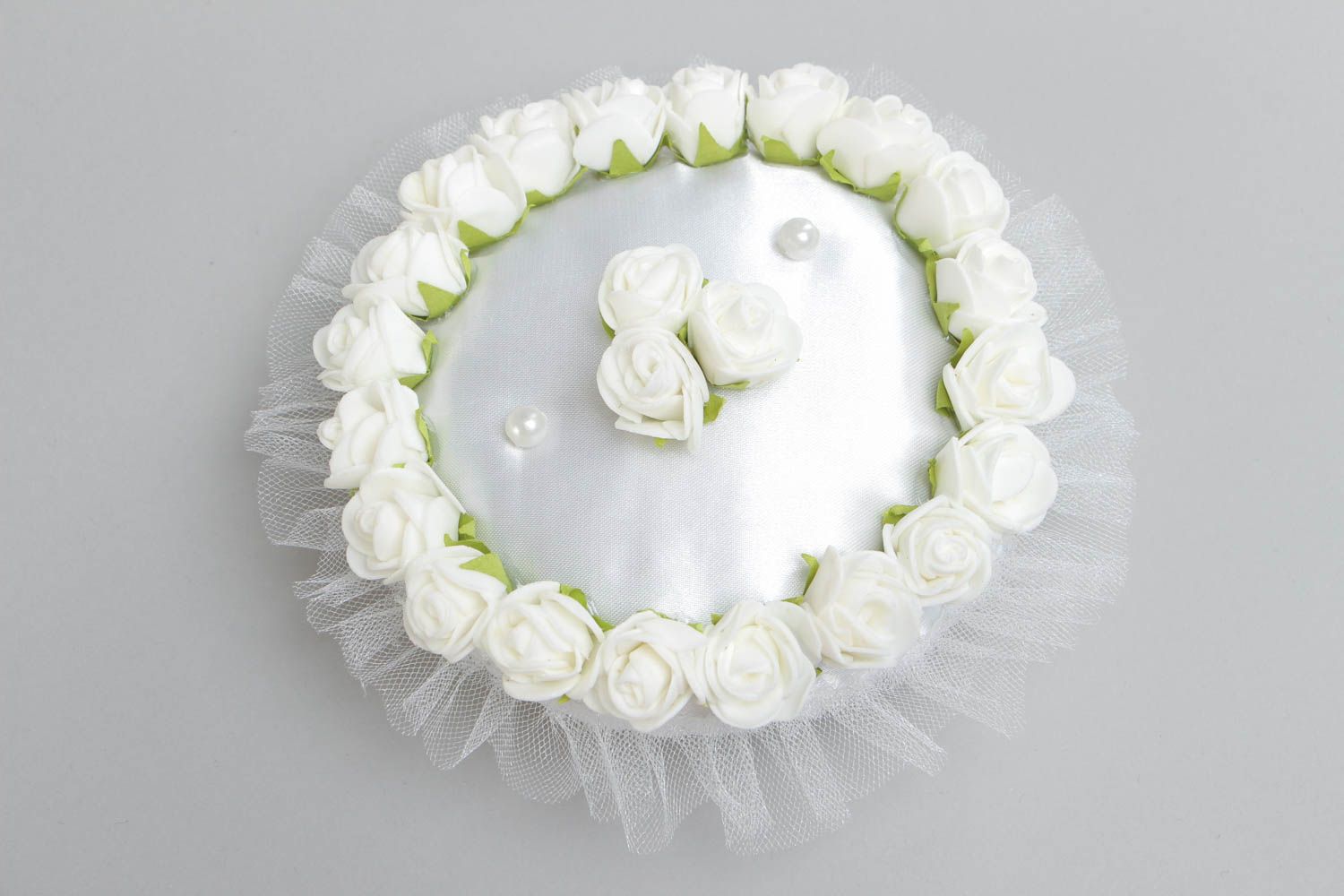 White handmade satin ring bearer pillow with artificial flowers photo 2