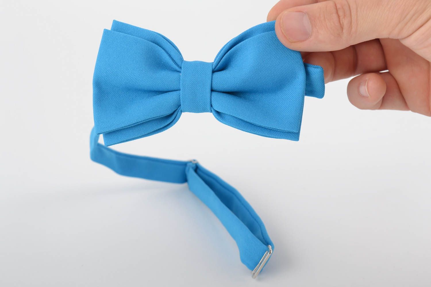 Голубой галстук бабочка из ткани ручной работы с регулируемым ремешком фото 4
