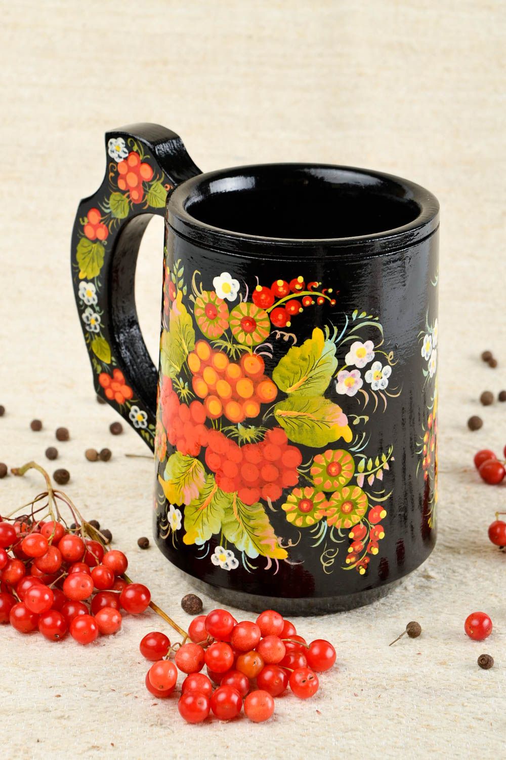 Tasse bois faite main Mug original noir motif fleur Vaisselle en bois décorative photo 1