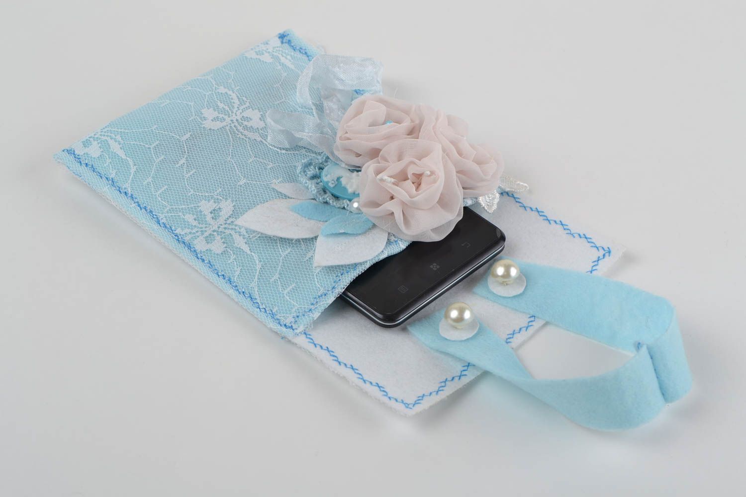 Handmade designer blue felt mobile phone case scrapbooking decorative for women photo 5