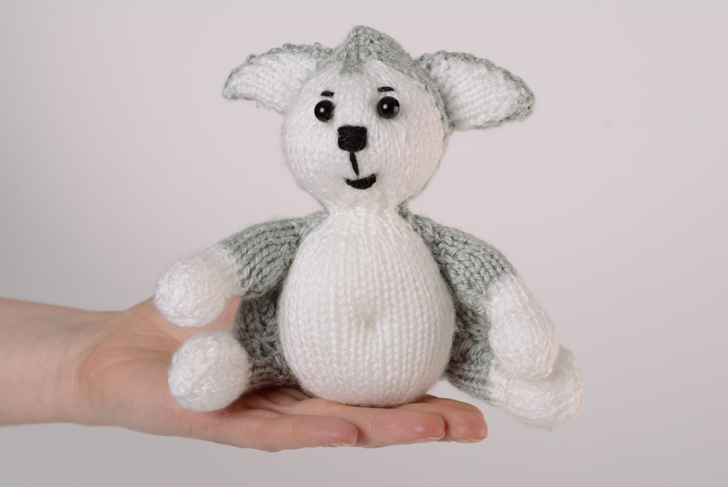 Funny gray and white small handmade knit soft toy doggie photo 5