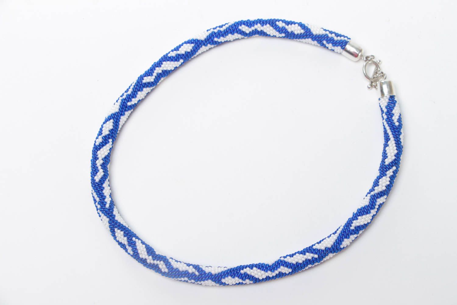 Beautiful handmade designer woven beaded cord necklace white with blue pattern photo 2