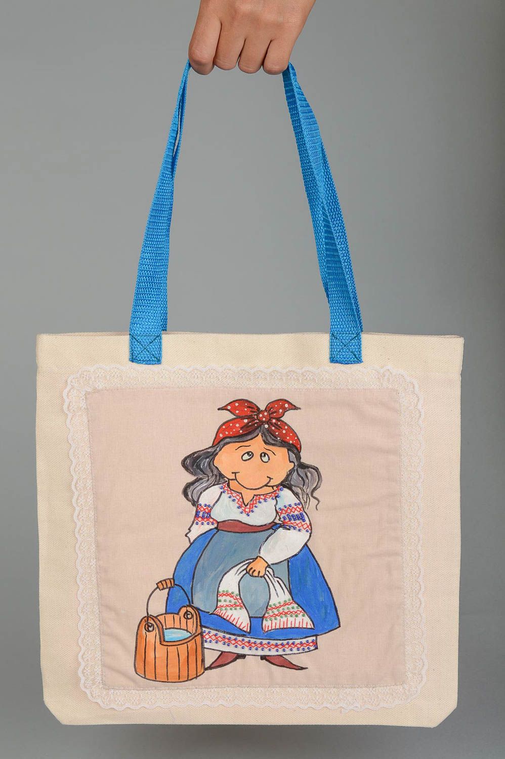 Handmade fabric bag with painting designer large bag textile shoulder bag photo 5