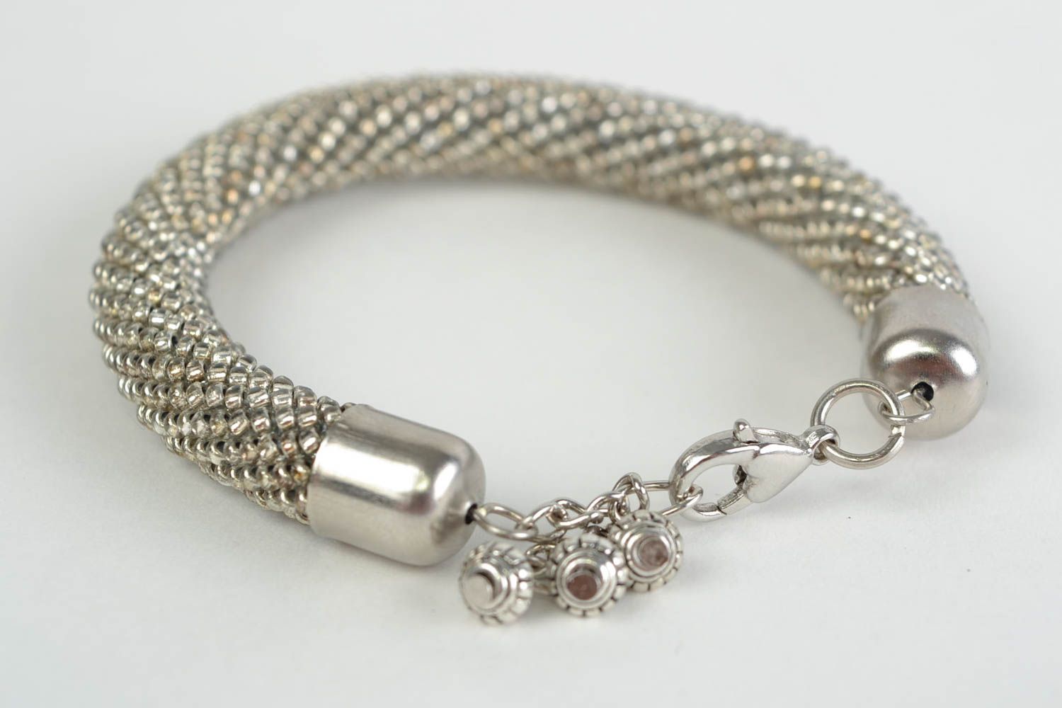 Grey bracelet cord made of Czech beads handmade designer accessory for girls photo 4
