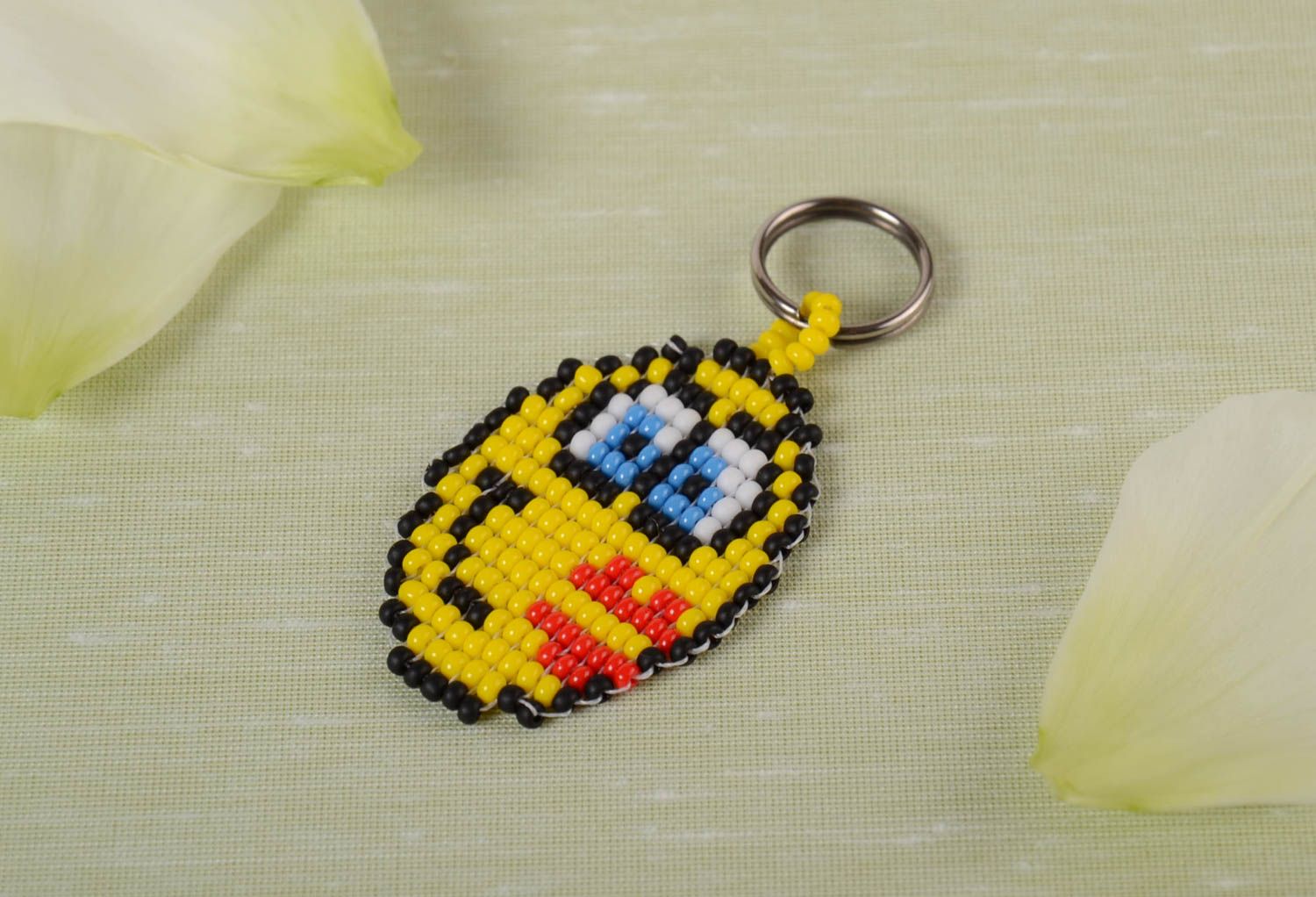 Porte-clés smiley jaune rond en perles de rocaille fait main pour femme photo 1