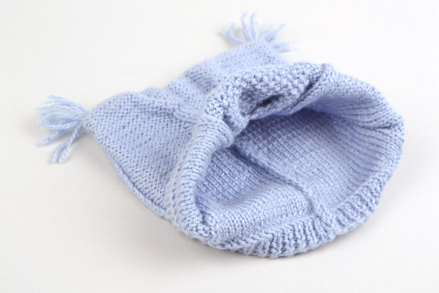 Rectangular handmade blue knitted hat for baby with owl pattern made of acrylic yarns photo 5