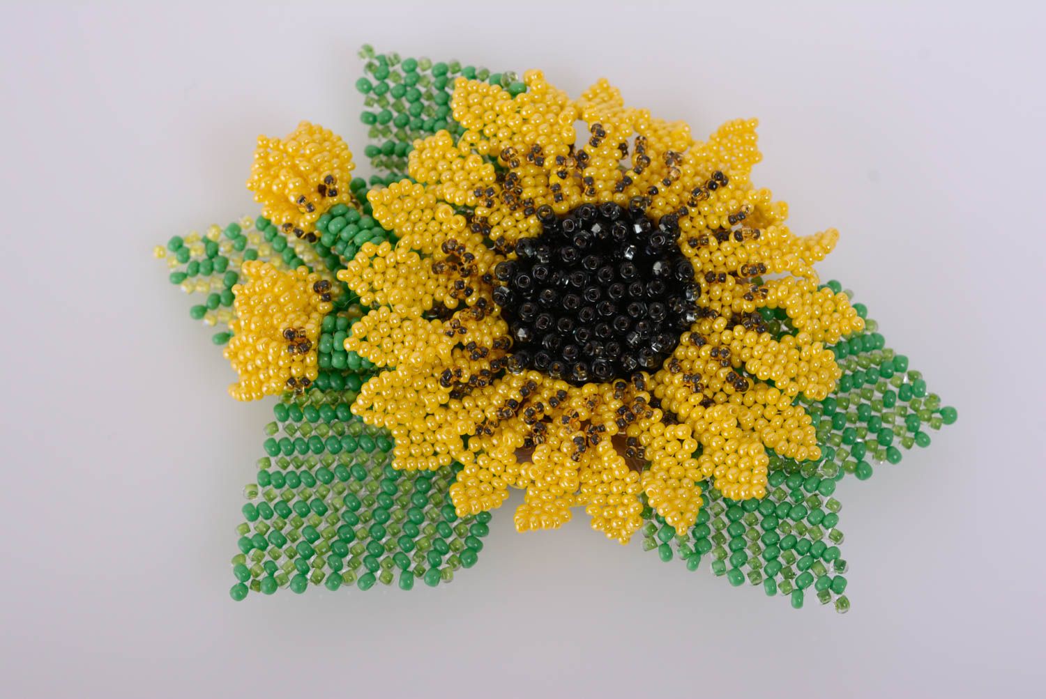 Beaded large bright yellow with green sunflower brooch handmade designer jewelry photo 5