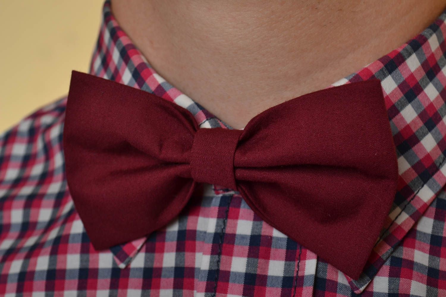 Unusual bright handmade designer claret fabric bow tie of adjustable size photo 1