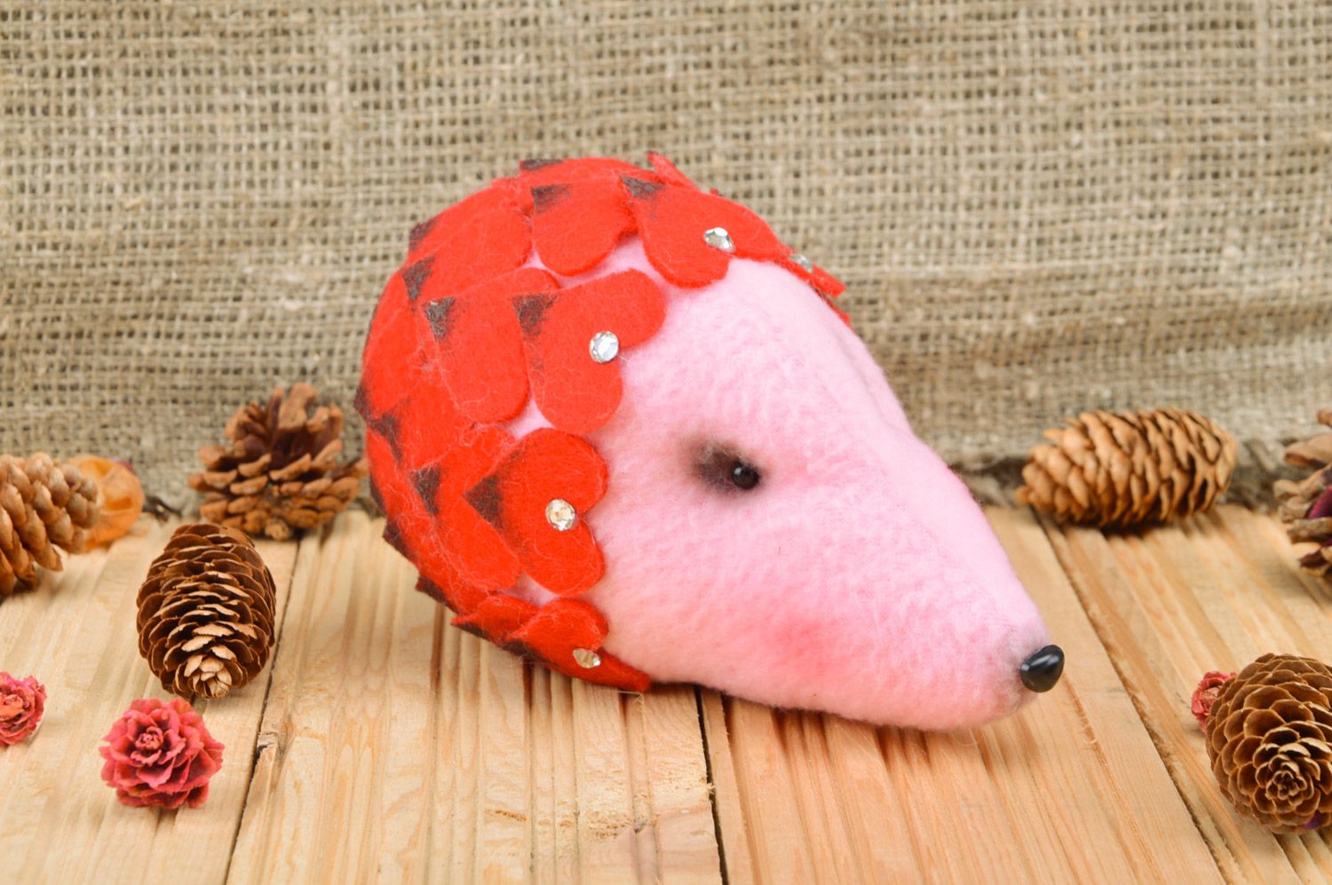 Handmade middle-sized soft toy sewn of pink and red fleece fabric Cute Hedgehog photo 1