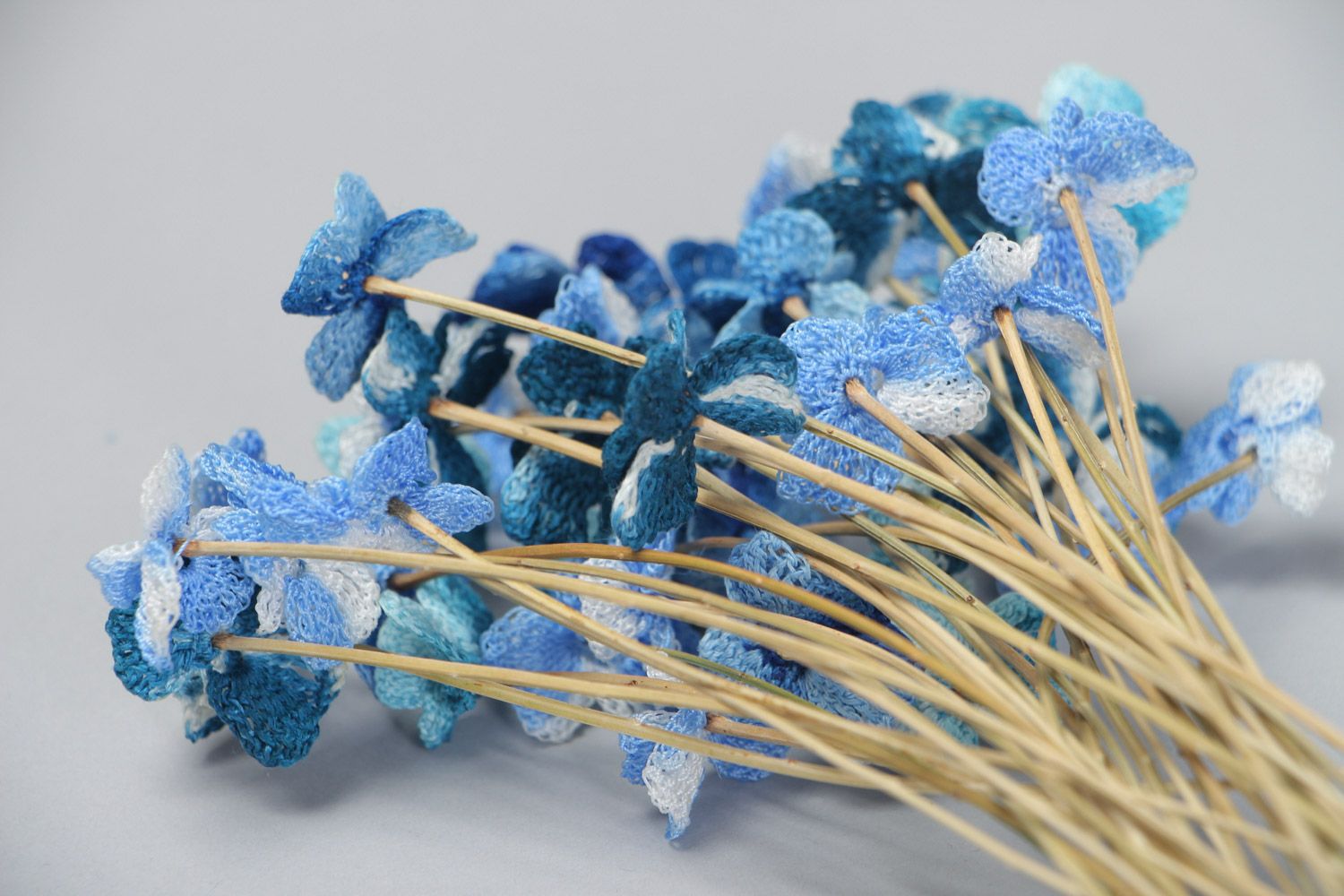 Bouquet of 43 blue decorative field flowers crocheted of cotton on acacia stalks photo 4