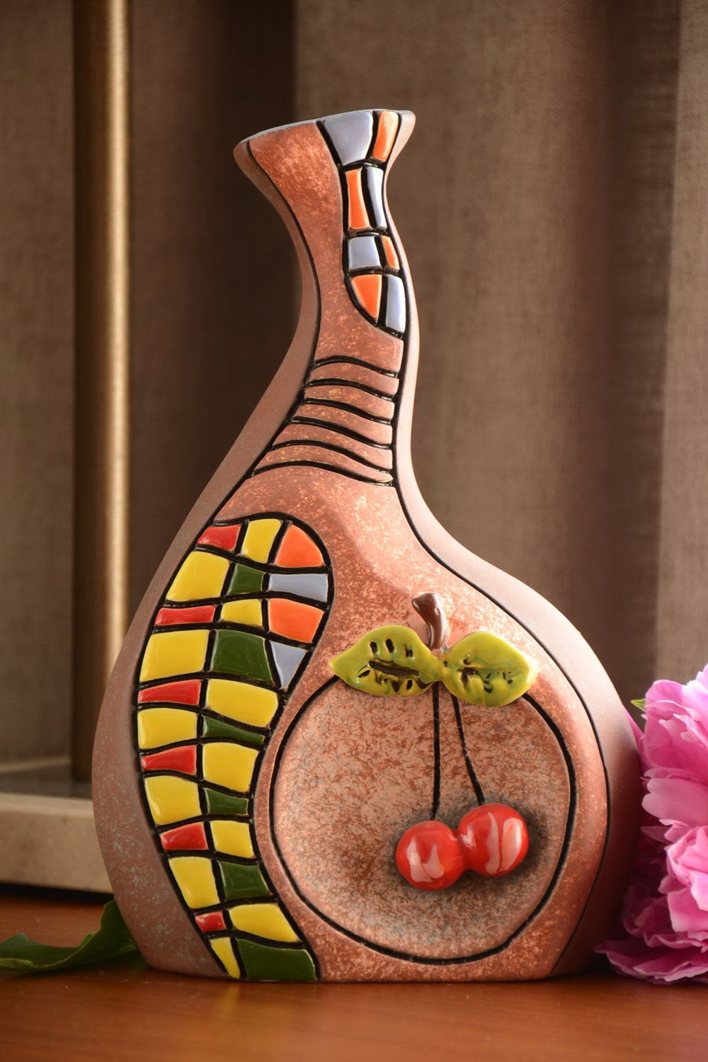 Vase décoratif en argile multicolore de style ethnique grand fait main 1.5 l photo 1
