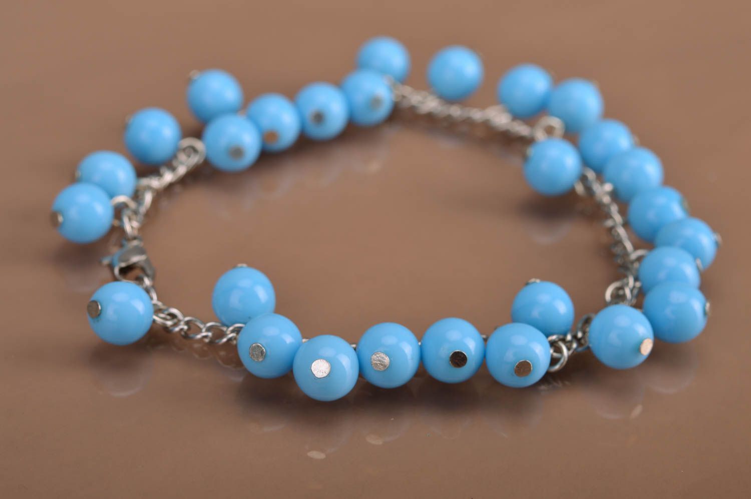 Handmade designer metal chain women's wrist bracelet with blue round beads photo 5