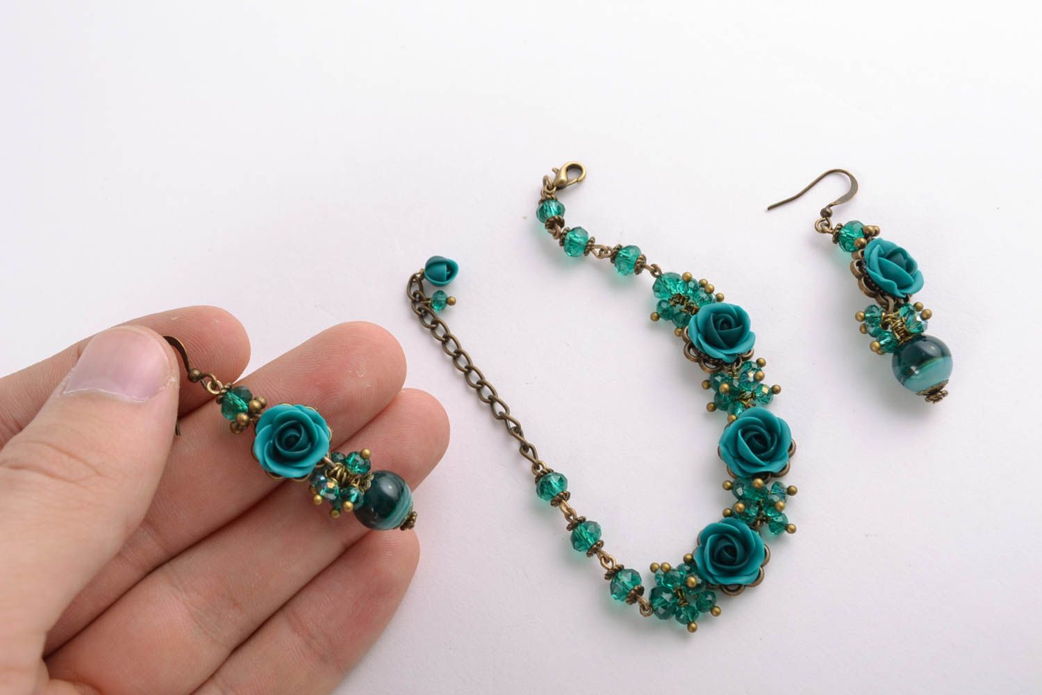 Dark green charm chain bracelet and earrings set for women photo 2